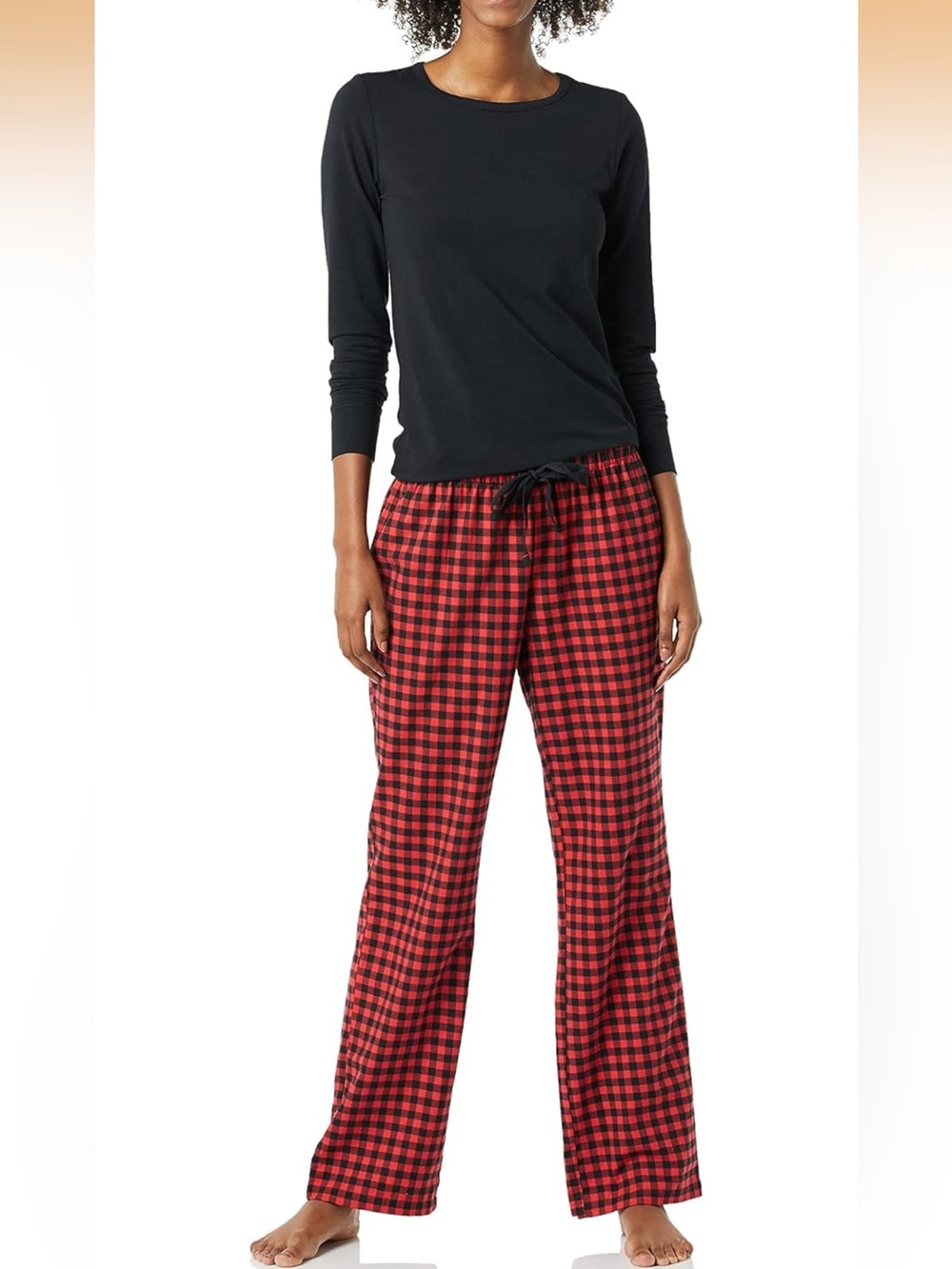 Amazon Women's Black Long-Sleeve Top with Red Plaid Lounge Pants